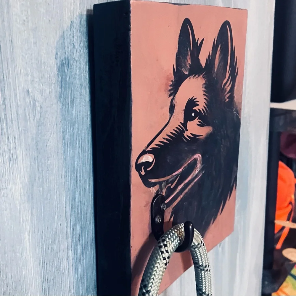 German Shepherd Dog Leash Holder – Heavy Solid Wood Wall Hook Indoor/Outdoor Use